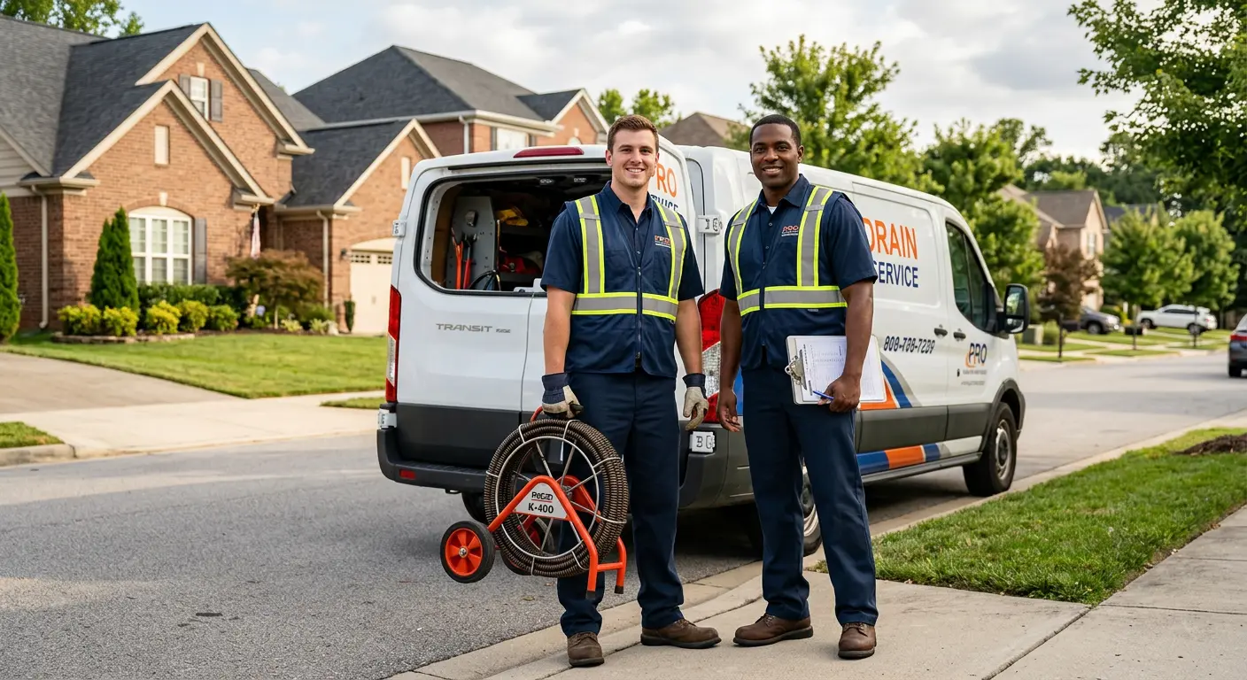 Sewer and drain service team with equipment ready for work in West Earl