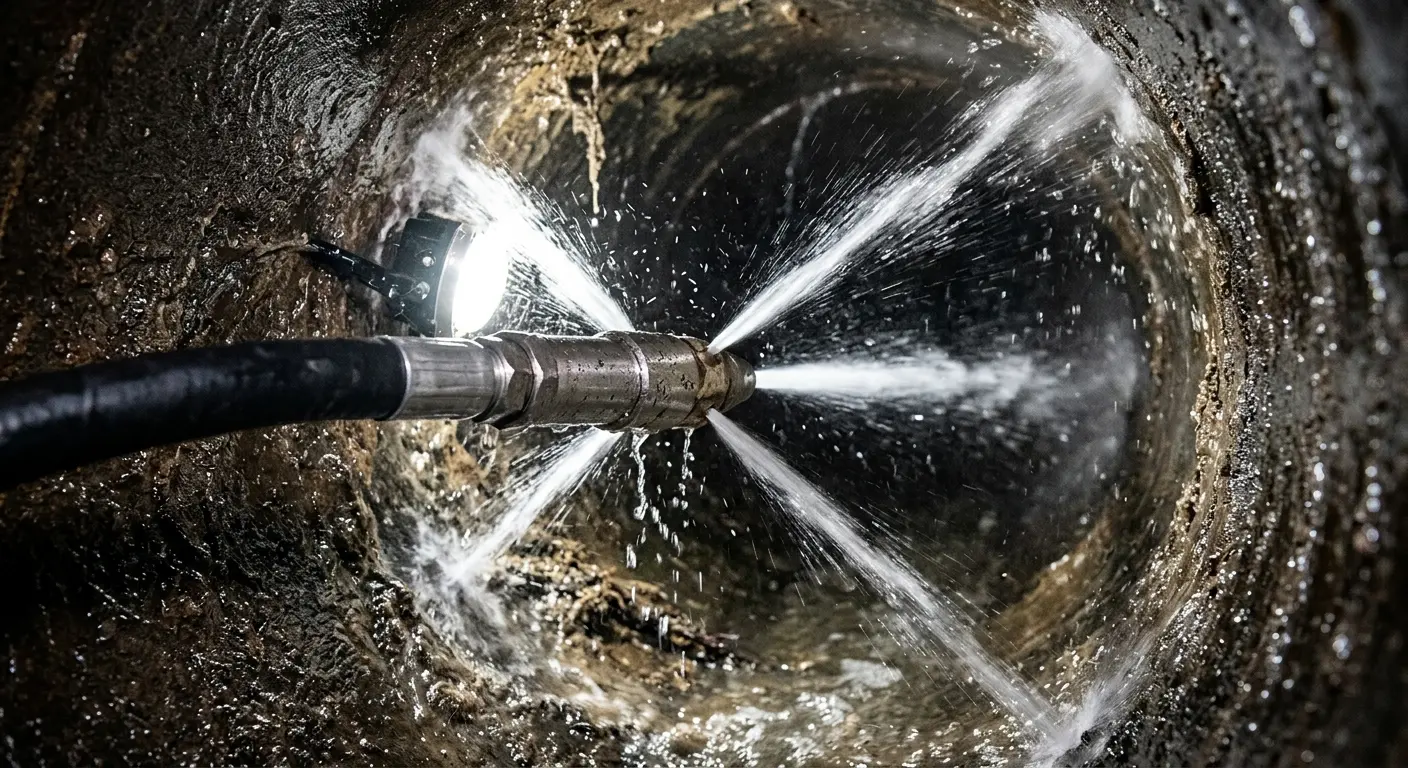 High-pressure hydro jetting nozzle cleaning sewer pipe for Emergency Drain Service in West Earl