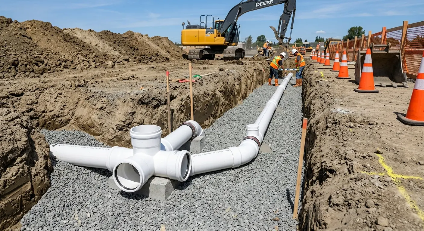 New PVC sewer pipe installation in open trench for Commercial Drain Cleaning in West Earl