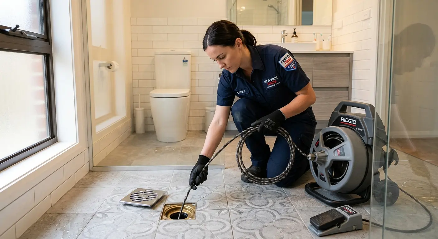 Technician clearing a bathroom floor drain for Clogged Drain Repair in West Earl